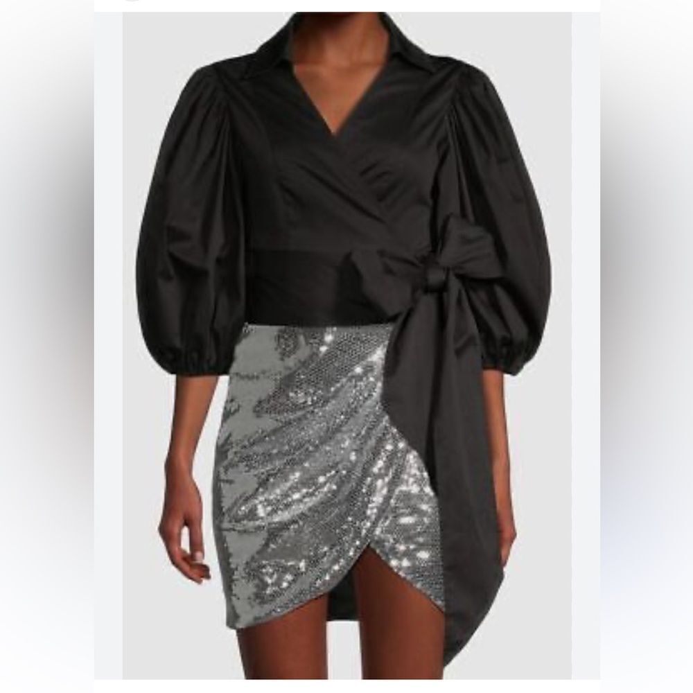 Toccin NY Women's Black V Neck Self-Tie Collar Wrap Blouse Top Size S NWT